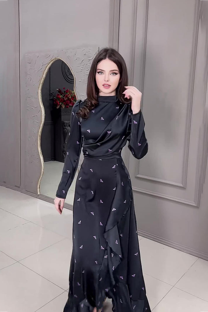 anyfreebie™-Printed ruffled hem slim-fit long-sleeved dress