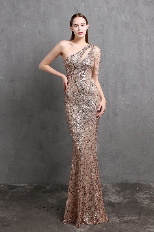 anyfreebie™-Solid color one shoulder sequined long evening dress