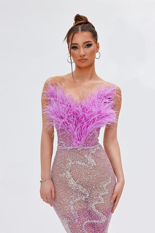 anyfreebie™-Purple Feather Semi-transparent Mesh Heavy Work Dress-vx