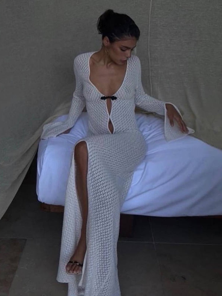 anyfreebie™-Summer Beach Holiday Knitted Maxi Dress Outfits for Women Party Club Long Sleeve See Through Dresses Hollow Out