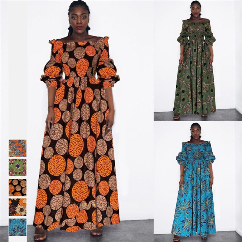 anyfreebie™- African National Print Party Dress Women Casual Sexy Slash-neck Lady Maxi Dress New Vintage Long-sleeved Loose Elegant Dress