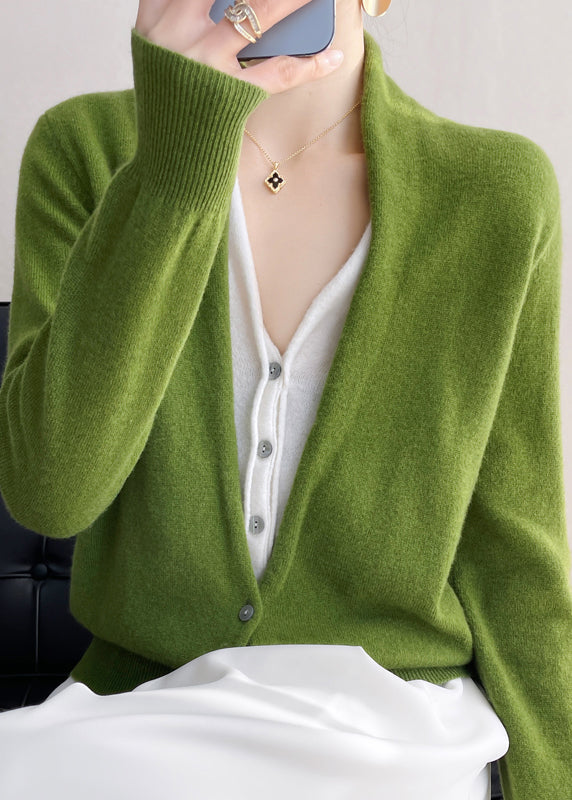 anyfreebie™-Women Green V Neck Button Patchwork Wool Knit Top Fall