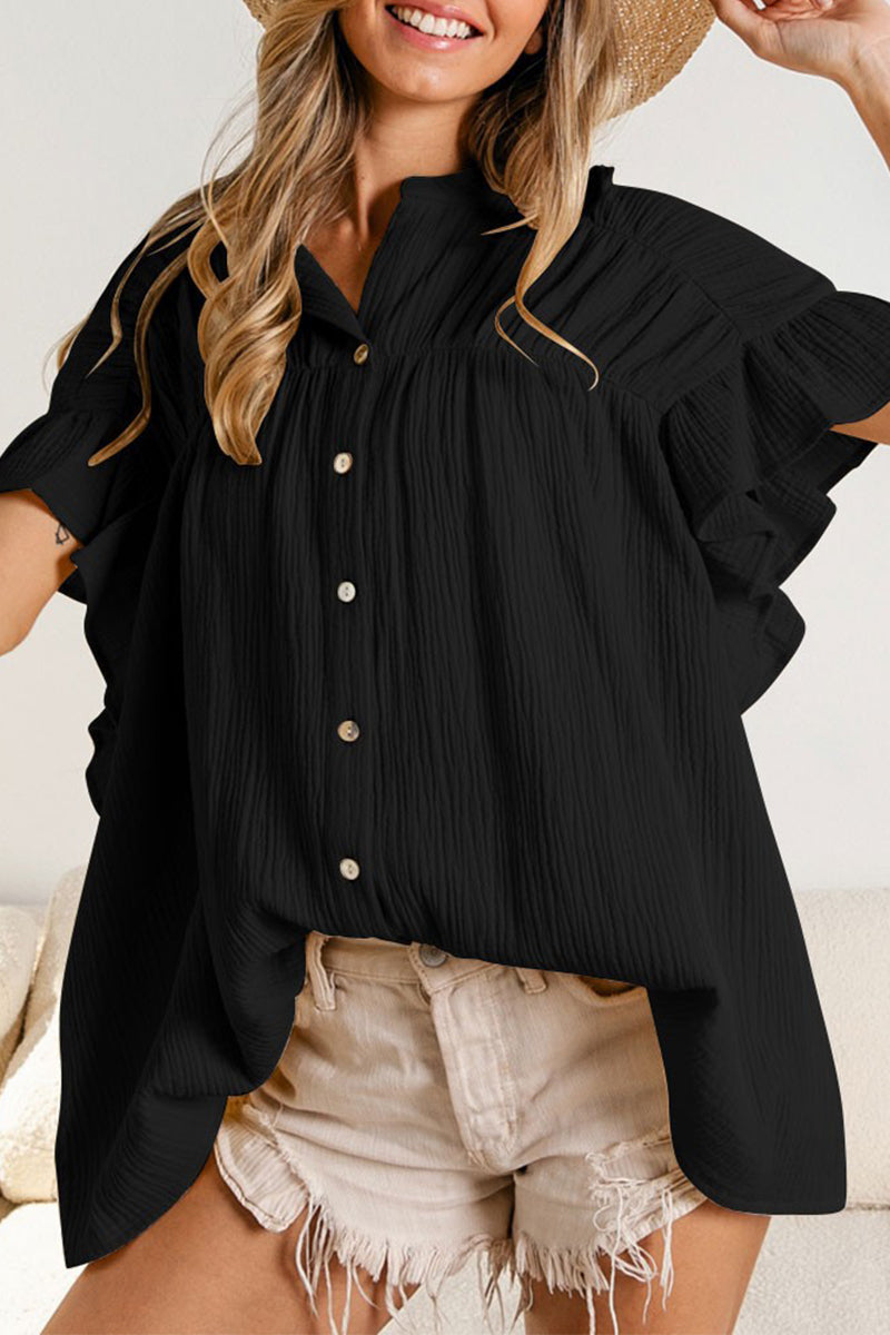 anyfreebie™-Casual Solid Fold Stringy Selvedge Mandarin Collar Blouses (5 Colors)