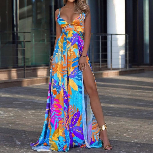 anyfreebie™- Summer Sexy Slit Flower Print Bohemia Dress for Women High Waist Maxi Beach Dresses Elegant V Neck Suspenders Floor-Length Dress