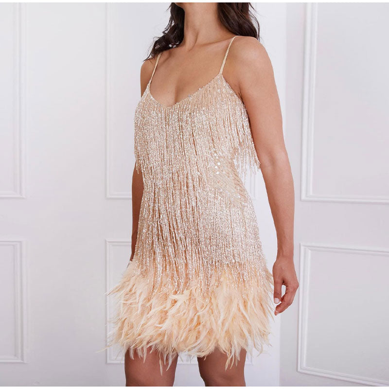 anyfreebie™-Sequins Tassel Feather Spaghetti Strap Dress Women Fashion Sexy Stitching Mini Dresses Ladies Evening Party Club Elegant Dress