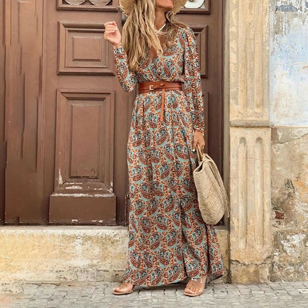 anyfreebie™-Autumn Dress 2024 Women New Fashionable Bohemian V-neck Floral Print Long Dress Female Short Sleeve Sexy High Split Maxi Dresses