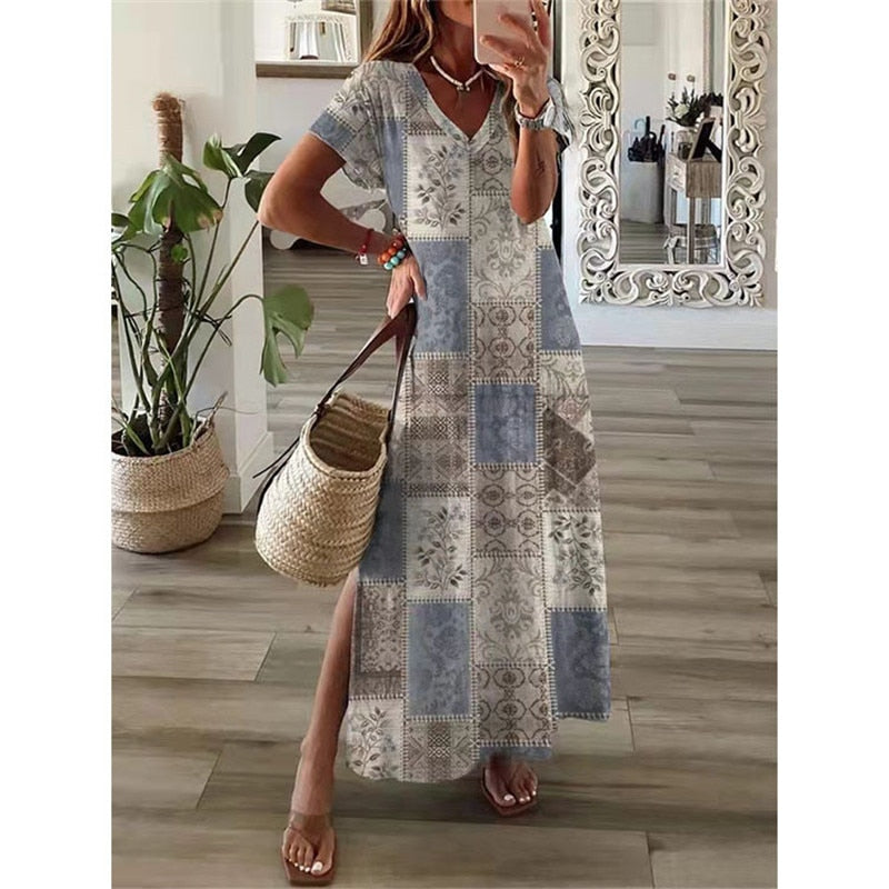 anyfreebie™- Vintage Print Maxi Dress Women 2024 Summer Elegant V Neck Short Sleeve Loose Split Casual Dress Female Party Boho Beach Vestidos