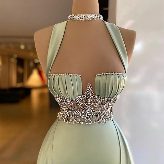 anyfreebie™- Arabic Green Mermaid Evening Dress Elegant Sleeveless Halter Neck Soft Satin Beading Prom Dresses Long Party Gown