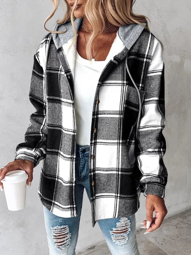 🔥Women's Plaid Button Down Fleece Lined Hooded Jackets Warm Coat