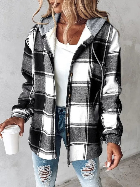 🔥Women's Plaid Button Down Fleece Lined Hooded Jackets Warm Coat