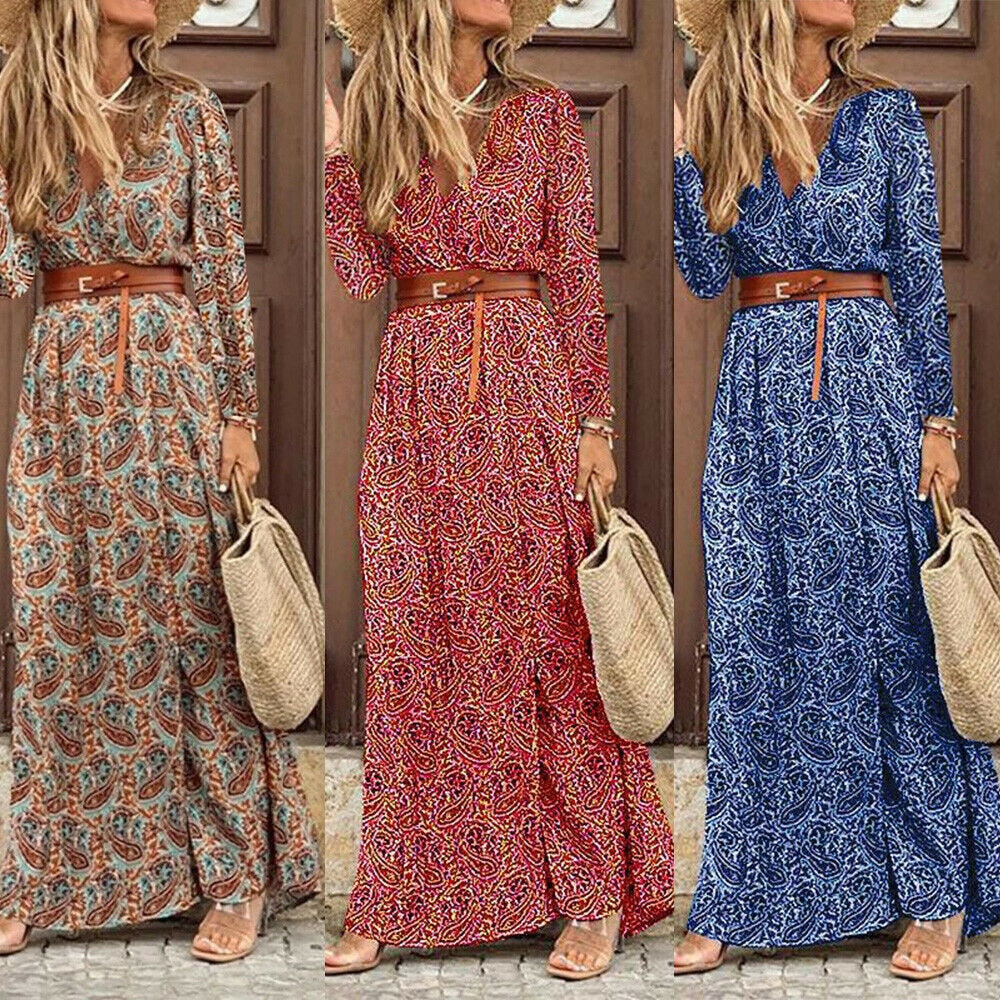 anyfreebie™-Autumn Dress 2024 Women New Fashionable Bohemian V-neck Floral Print Long Dress Female Short Sleeve Sexy High Split Maxi Dresses