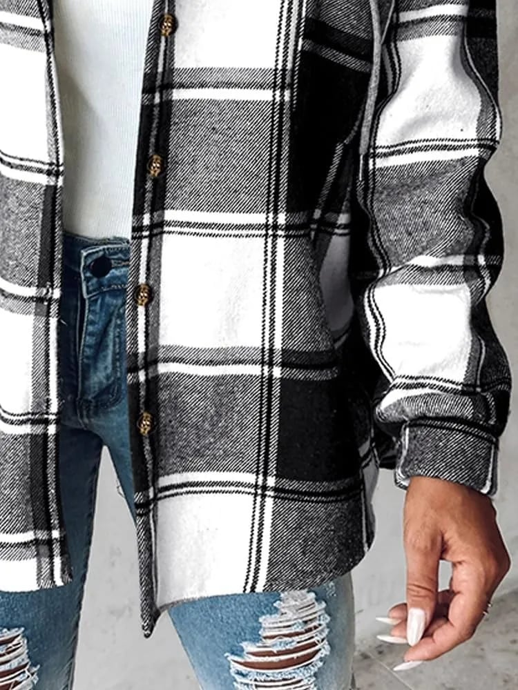 🔥Women's Plaid Button Down Fleece Lined Hooded Jackets Warm Coat