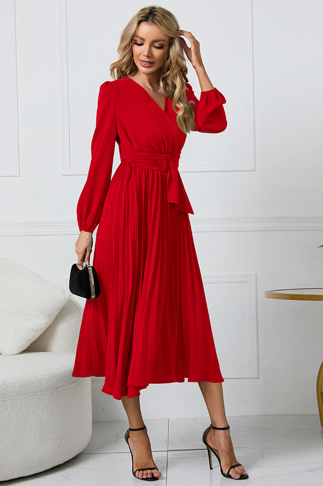 anyfreebie™-Slim fit pleated belted V-neck dress