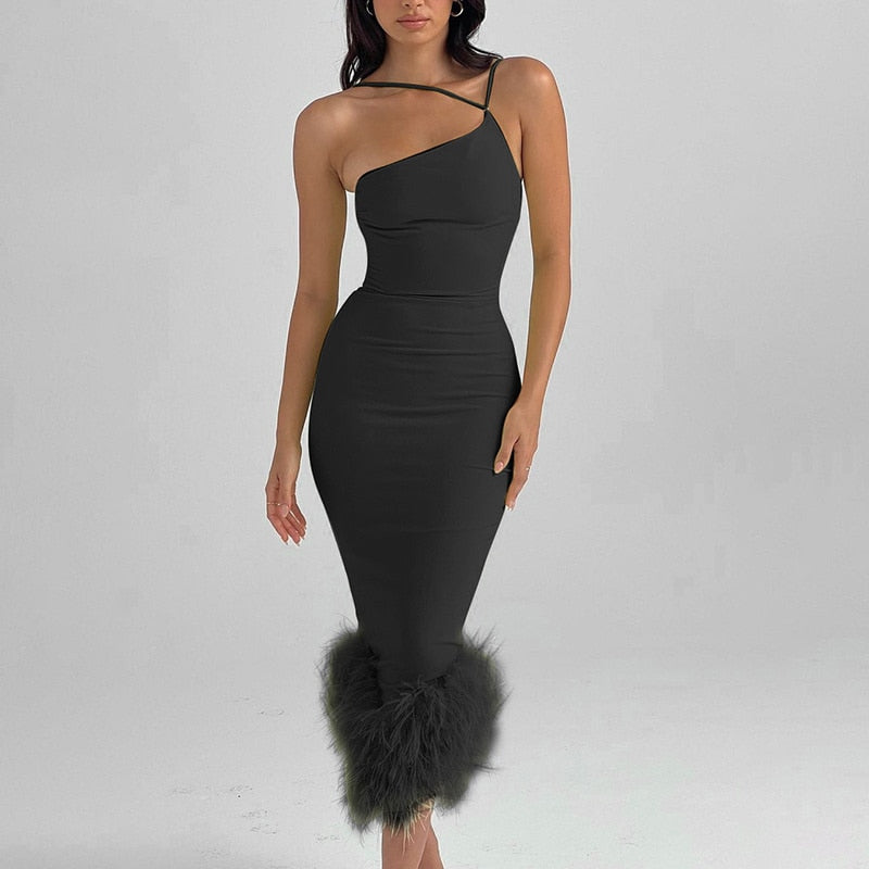 anyfreebie™- Mozision Elegant One Shoulder Feather Bottom Midi Dress For Women Robe Summer New Sleeveless Bodycon Long Dress Clubwear