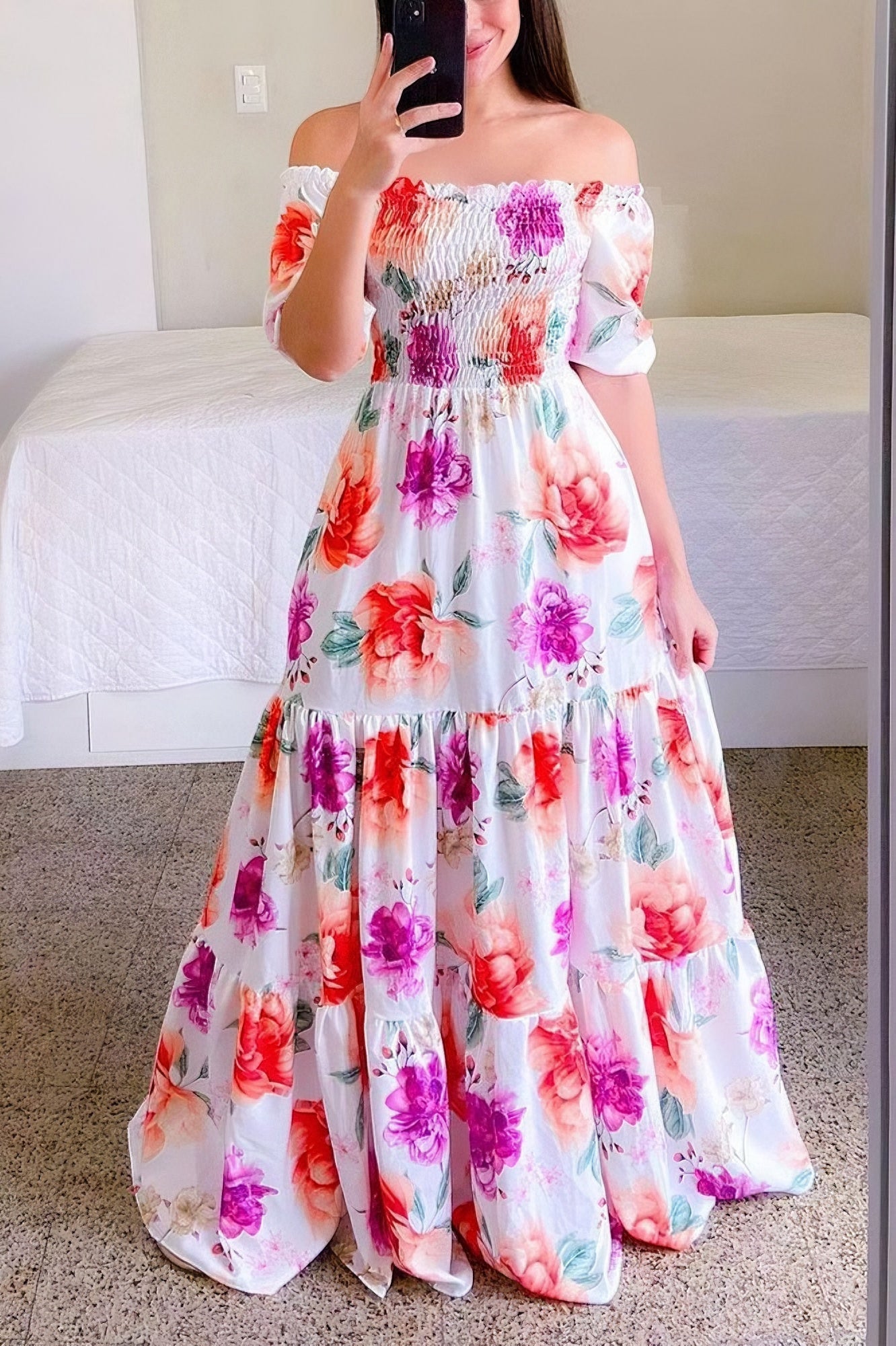 anyfreebie™-One-shoulder floral off-shoulder long printed dress