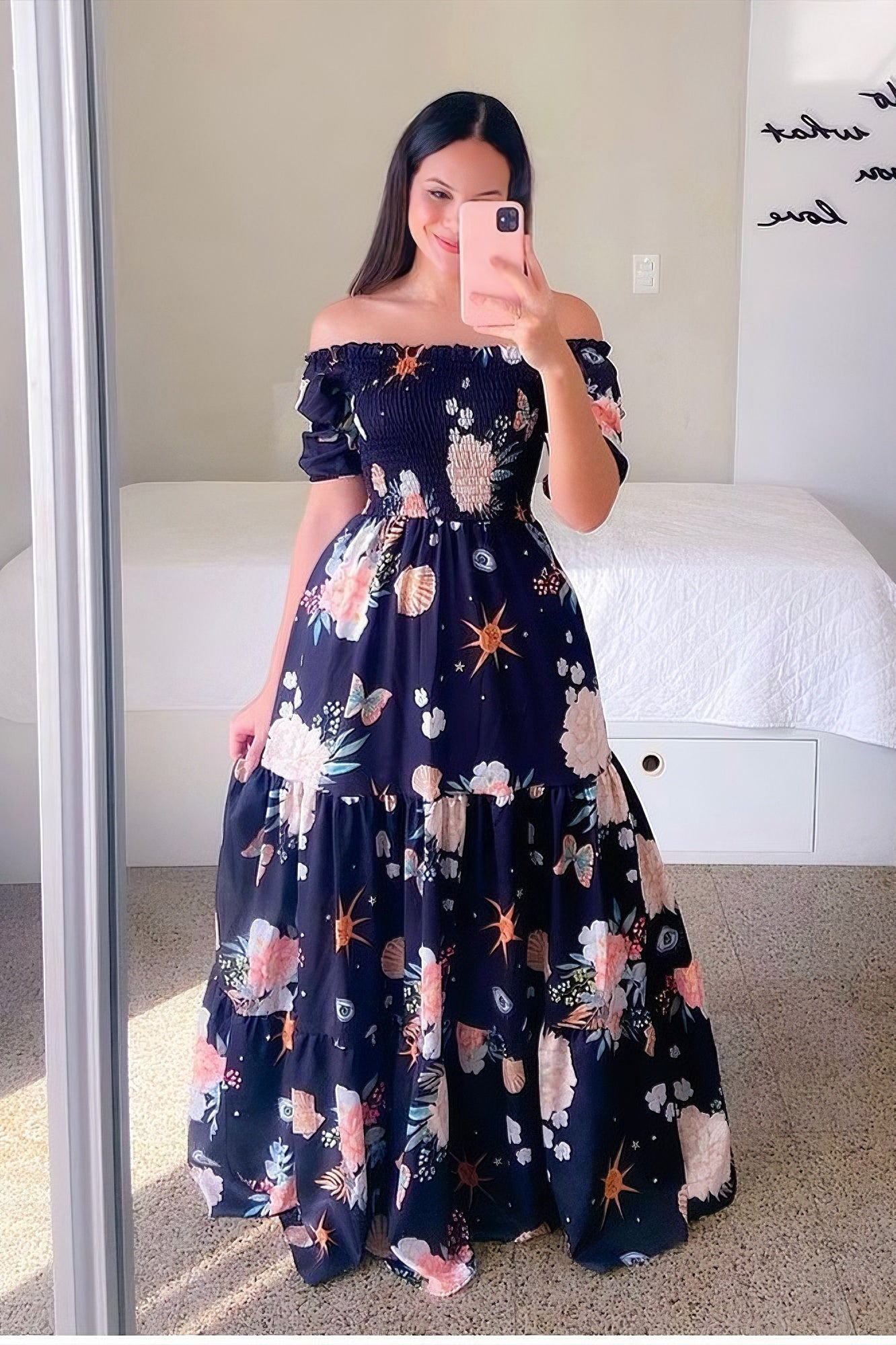 anyfreebie™-One-shoulder floral off-shoulder long printed dress