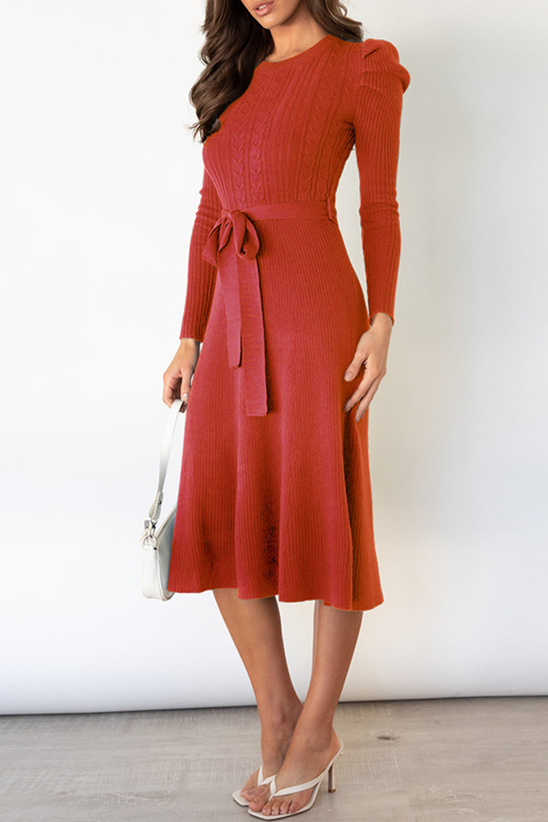 anyfreebie™-Elegant Solid With Belt O Neck Sweater Dresses