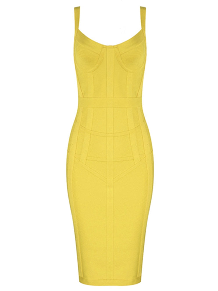 anyfreebie™-Sexy Sleeveless V Neck Yellow Midi Women Bodycon Bandage Dress 2024 Designer Fashion Evening Party Dress Vestido