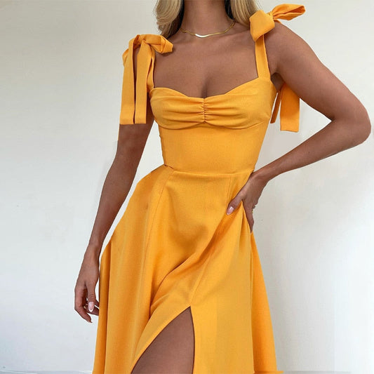 anyfreebie™-Elegant Slit Midi Dress Outfits For Women Summer Holiday Sundresses Sexy Backless Bow Tie Gown Vestido