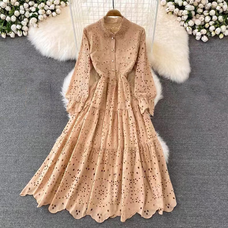 anyfreebie™-Vintage Elegant Women Summer Embroidery Hollow Out Midi Long Dresses Lady Boho A Line Vestidos Elbise Frocks Vestidos Za