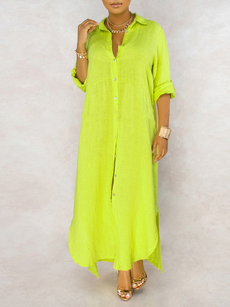 anyfreebie™-Solid Button Maxi Shirt Dress