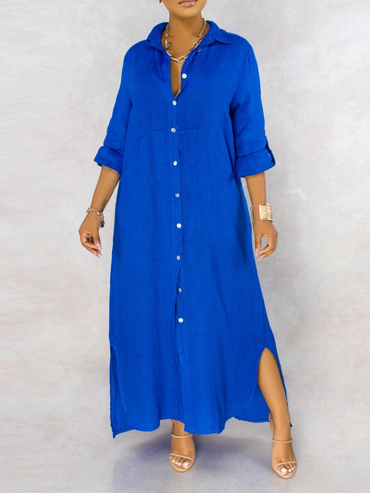 anyfreebie™-Solid Button Maxi Shirt Dress