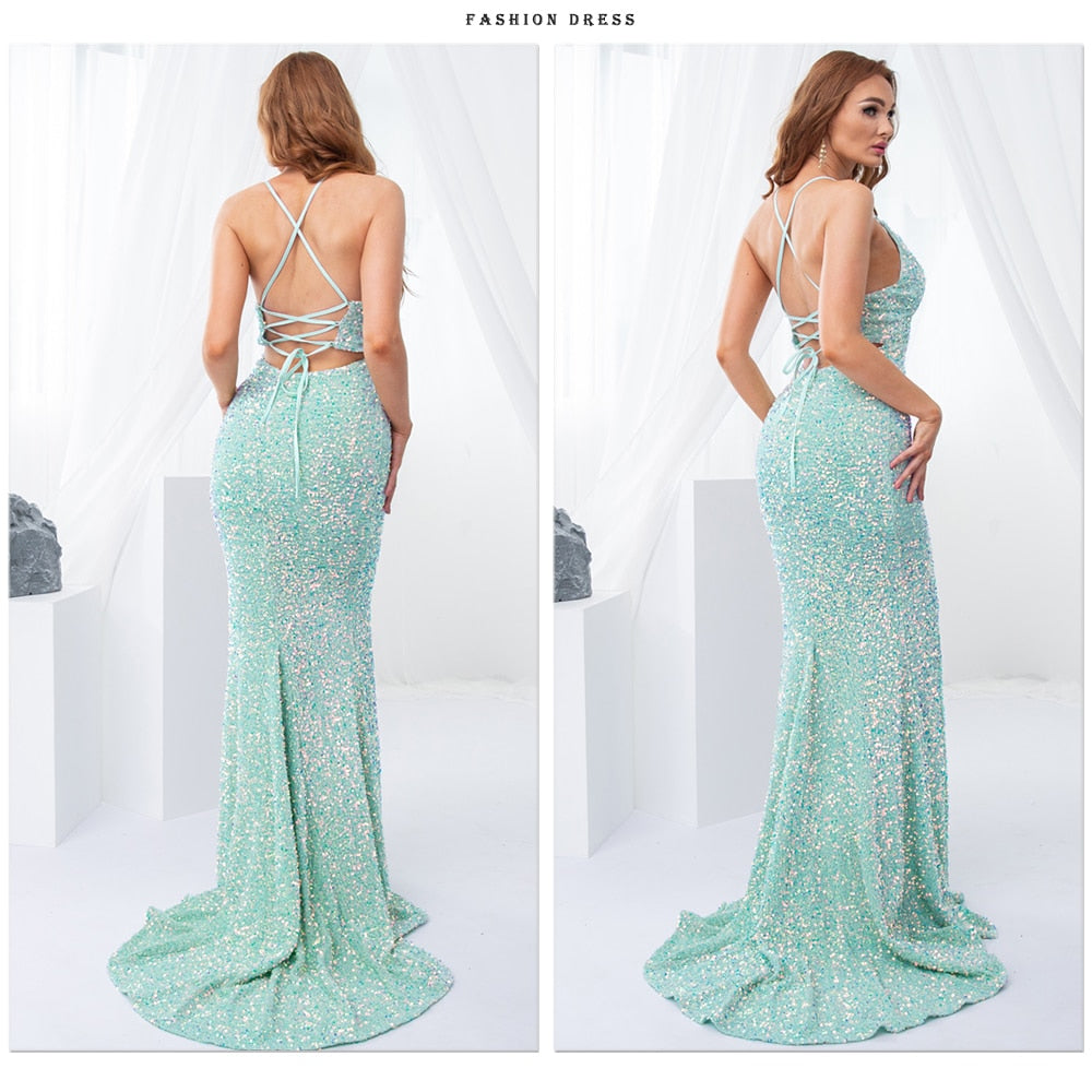 anyfreebie™-Luxury Mint Sequin Slip Lace Up Long Cocktail Party Dress Backless Hollow Out Velvet V Neck Maxi Gown Celebrity Women Summer