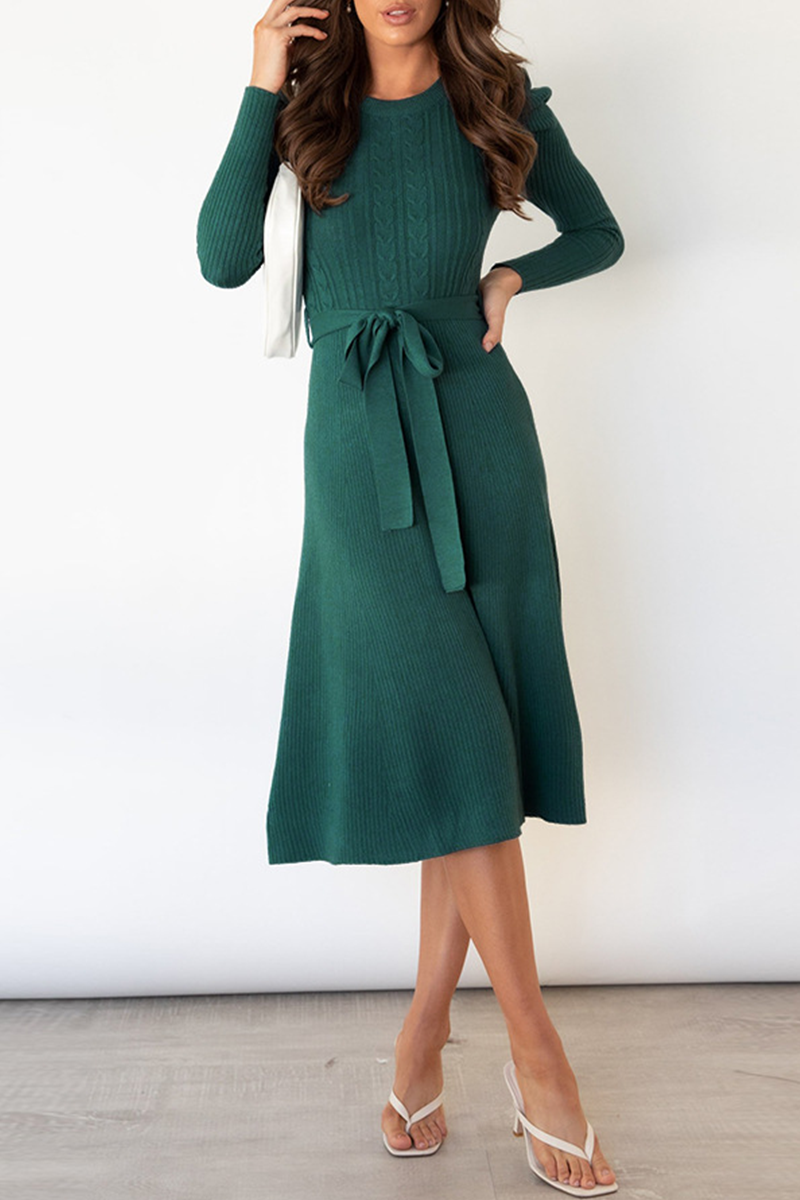 anyfreebie™-Elegant Solid With Belt O Neck Sweater Dresses