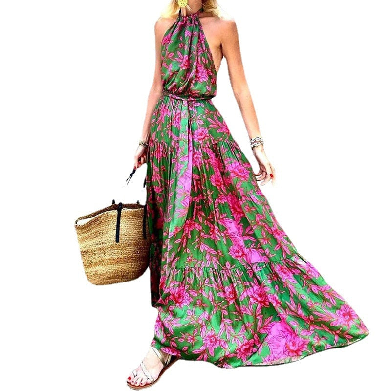 anyfreebie™-Summer Halter Sleeveless Floral Print Boho Dress for Women Pleated Stitching Maxi Dress High Waist Slim Lace Up Beach Dress 2024