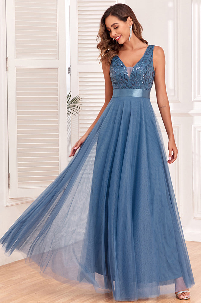 anyfreebie™-Spliced Elastic Waist Sleeveless V Neck Evening Dress Tulle Embroidery Long Party Dress