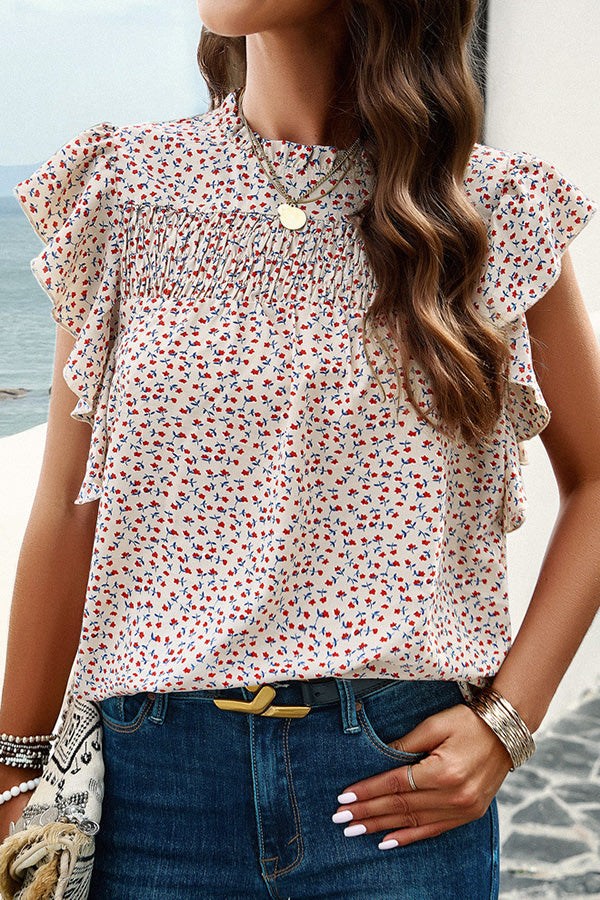 anyfreebie™-Floral Print Pleated Crew Neck Pullover Top