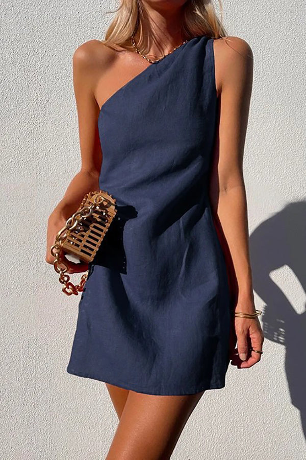 anyfreebie™- Minimalism One Shoulder Linen Mini Dress