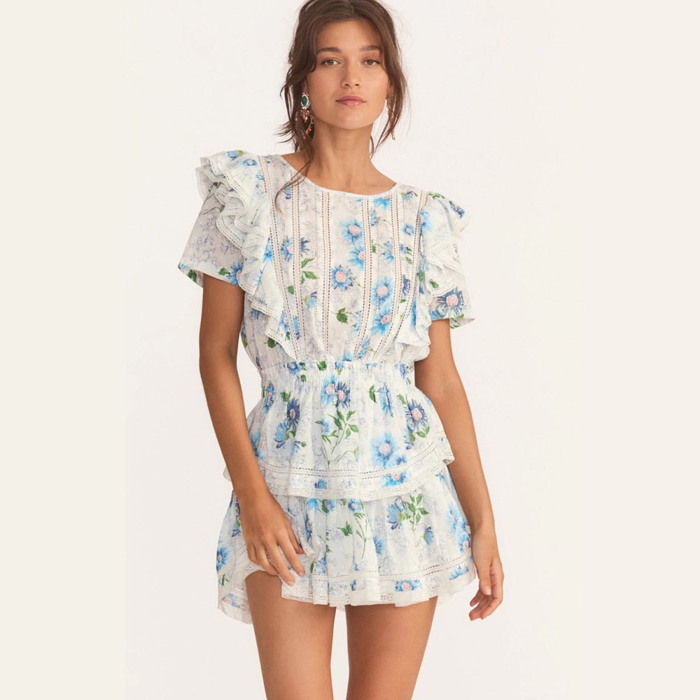 anyfreebie™- New Arrival Summer Short Sleeve Natasha Mini Dress Women Ruffled A-line Dress Blue Print