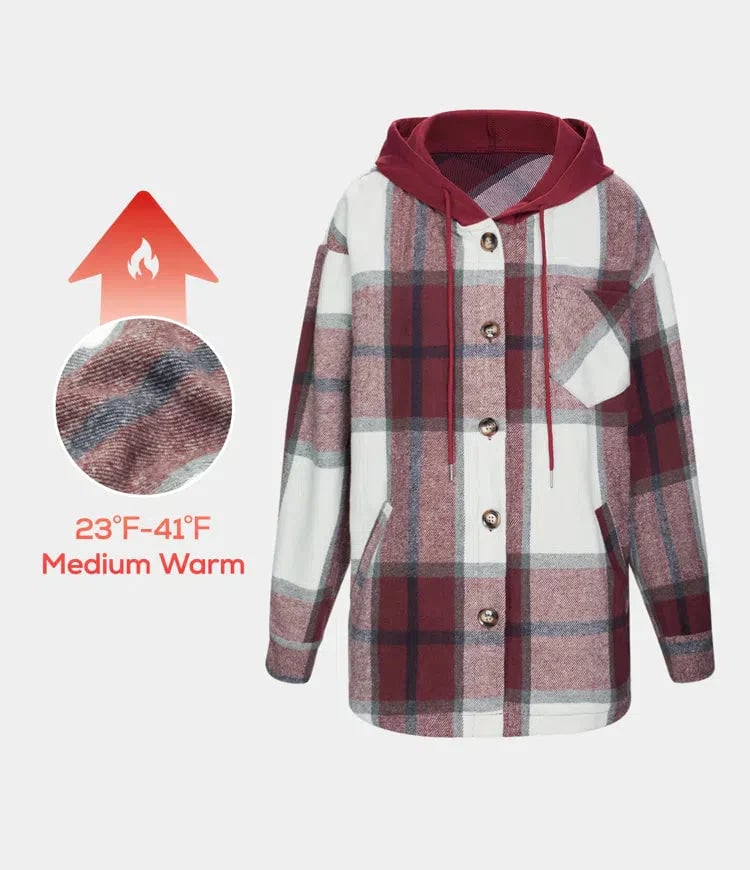 🔥Women's Plaid Button Down Fleece Lined Hooded Jackets Warm Coat