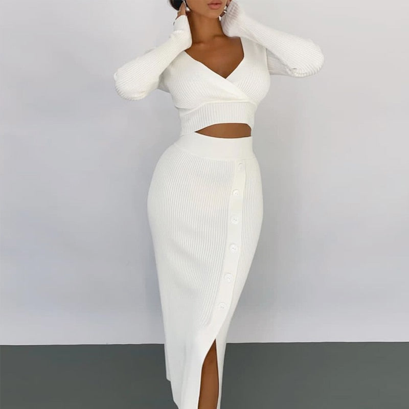 anyfreebie™- Sexy Wrap Knit Suit V-Neck Long-Sleeve Crop Top + Button Slit Midi Skirt Elegant Outfits Socialite Casual Women Two Piece Sets