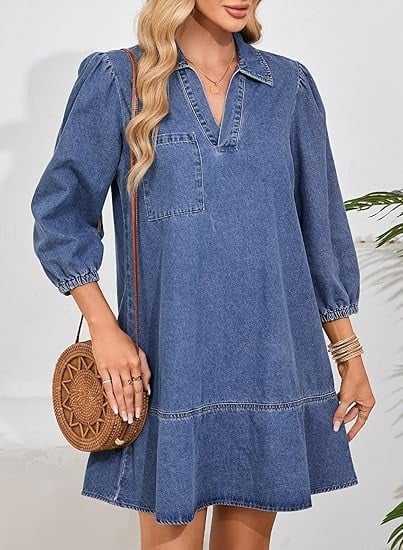V-Neck Denim Dress — Where Comfort Meets Classic Style – anyfreebie.com
