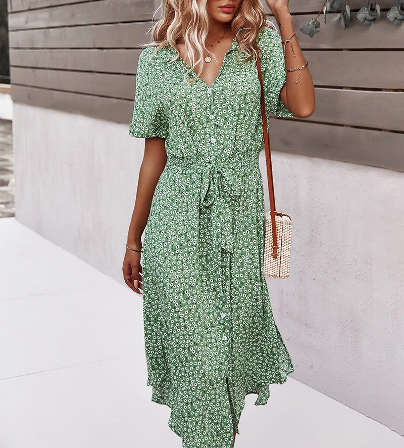 anyfreebie™-2024 Summer Puff Sleeve Long Dress Women Elegant Printed V-Neck Maxi Dresses Boho Drawstring Loose Holiday Beach Dress