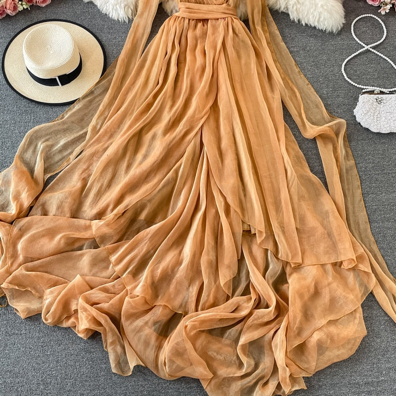 anyfreebie™- Autumn Khaki/White Bandage Chiffon Long Dress Sexy Deep V-Neck Sleeveless High Waist Vestidos Vacation Beach Maxi Robe 2024 New