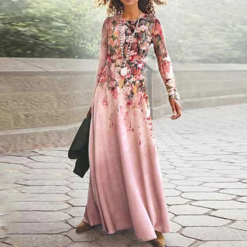 anyfreebie™- 2024 Spring Geometric Print Long Party Dress Women Elegant O Neck Office Maxi Dress Autumn Long Sleeve Hem Boho Lady Dress Mujer