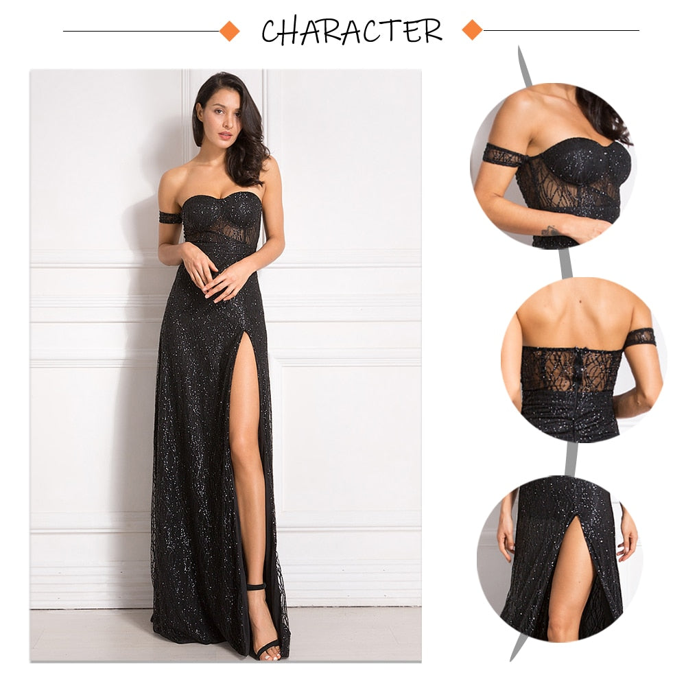 anyfreebie™-One Sleeve Strapless Long Ball Gown Split Leg Hollow Out Padded Black Glittered Party Maxi Dress