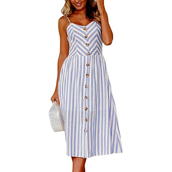 anyfreebie™- Boho Sexy Floral Dress Summer Vintage Casual Sundress Female Beach Dress Midi Button Backless Polka Dot Striped Women Dress