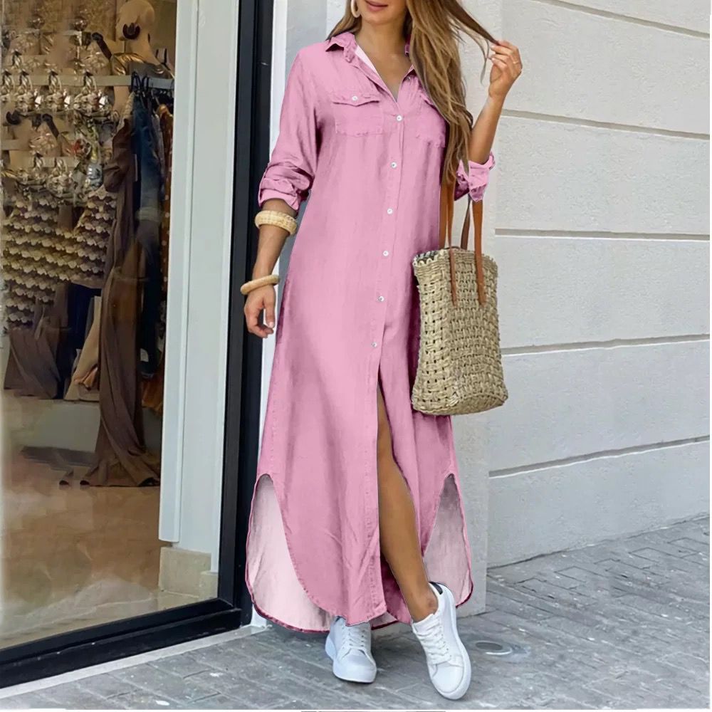 anyfreebie™- Casual Long Shirt Dress Autumn Women Long Sleeve Maxi Dresses Laides Turn-down Collar Office Dresses Loose Sundress Robe Longue