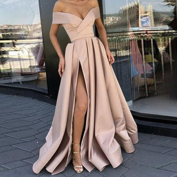 anyfreebie™-Women Sexy V Neck Long Party Dress Solid Elegant Sleeveless High Slit Dress Lady Fashion Off Shoulder Pleated Maxi Dress Vestido