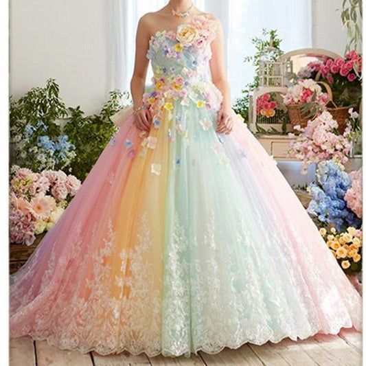 anyfreebie™-Pretty Colorful Rainbow Tutu Prom Dresses 3D Flower Lace Puffy Ball Gowns Vestido Formatura Abiye Ruffles Evening Gowns