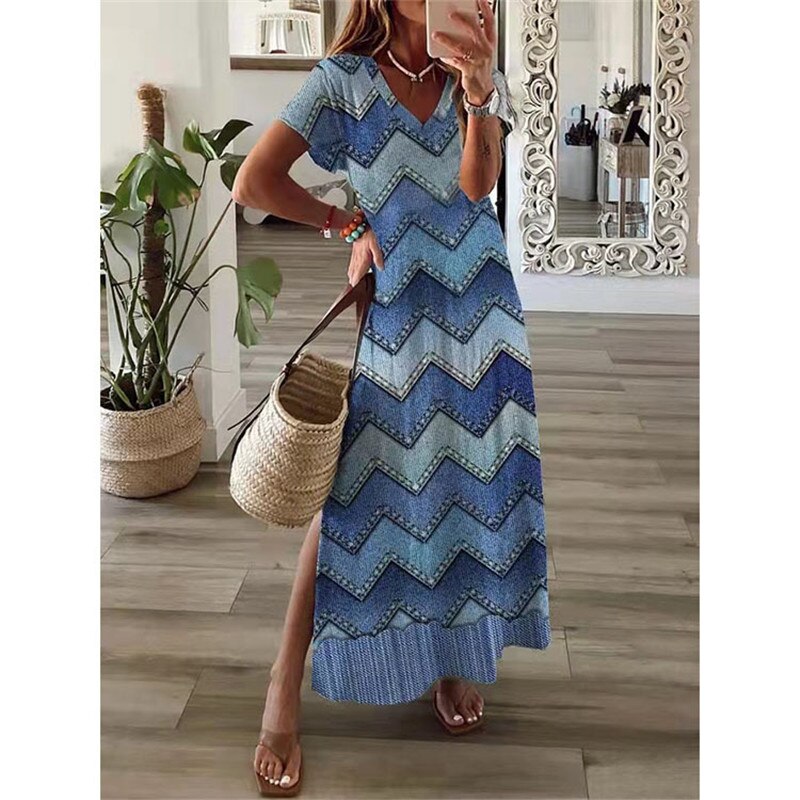 anyfreebie™- Vintage Print Maxi Dress Women 2024 Summer Elegant V Neck Short Sleeve Loose Split Casual Dress Female Party Boho Beach Vestidos