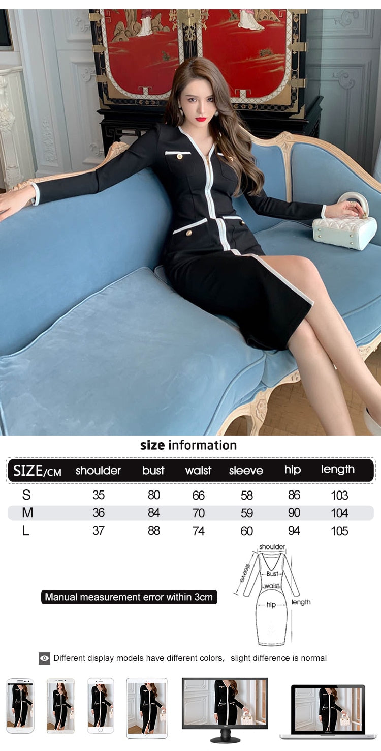 anyfreebie™ - Autumn Vintage Female Knitted Stretch Split Midi Party Dress Ladies Elegant Long Sleeve Zippe Bodycon Pocket Button Black Dress