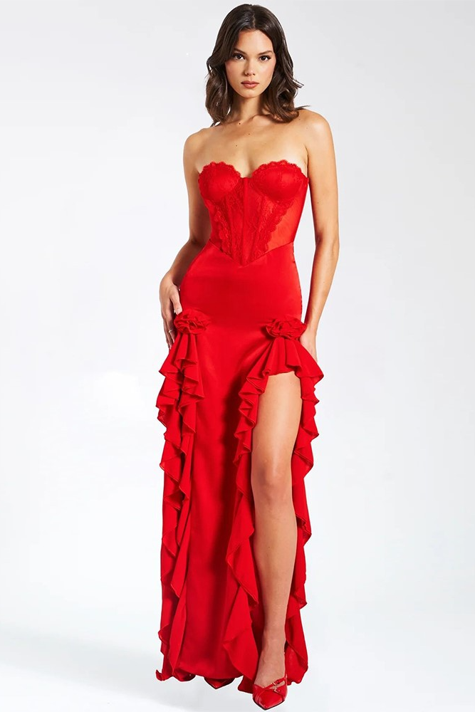 anyfreebie™-Strapless dress ruffled slimming high slit evening dress