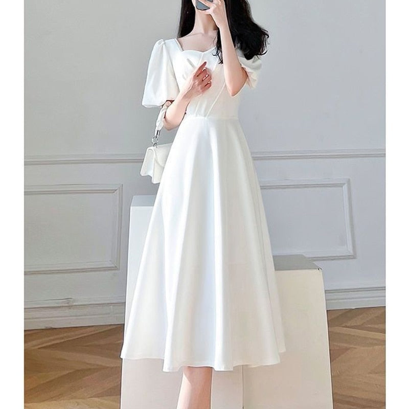 anyfreebie™- Elegant Chic Beads Square Collar White Party Dresses for Women Summer Ruffled Puff Short Sleeve Slim Fit Fairy Midi Dress Female