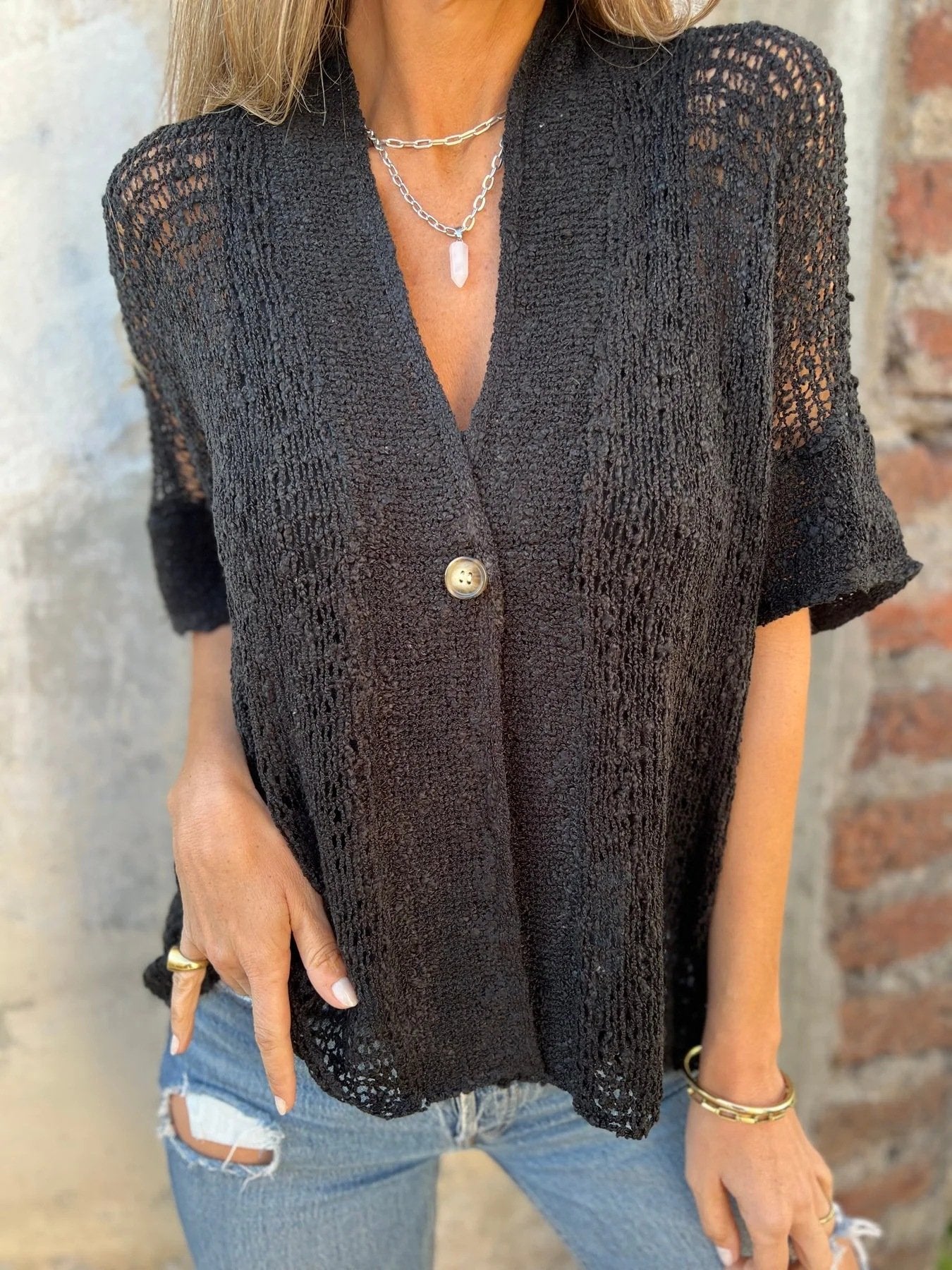 Hollow V-neck single button loose short sleeves
