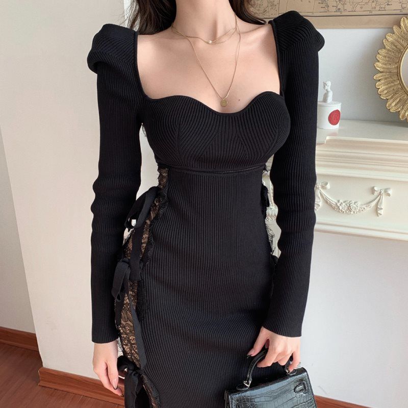 anyfreebie™- Bodycon Sexy Party Midi Dresses Women Black Elegant Evening Split Dress Ladies Korean Style Night Dresses Autumn Winter New